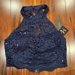 New NWT City Studio Blue Sequin Lace Crop Top Halter Sleeveless‎ Back Zip Size 7